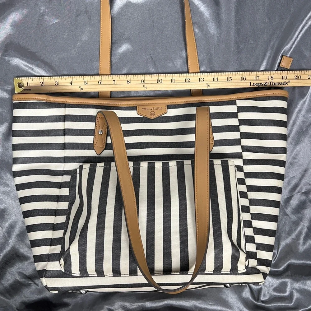 TWELVElittle Stripe Diaper Bag Tote Black White Tan Coated Canvas Large Carryall